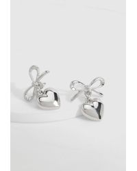 Boohoo - Silver Bow & Heart Drop Earrings - Lyst