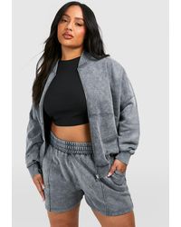 Boohoo - Plus Washed Zip Through Bomber Short Tracksuit - Lyst