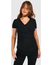 Boohoo - Maternity Brushed Rib Wrap Short Sleeve Ruched Top - Lyst