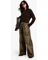 Boohoo - Petite Faded Denim Leopard Print Wide Leg Jean - Lyst
