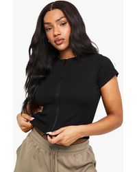 Boohoo - Rib Double Zip Through Short Sleeve Top - Lyst
