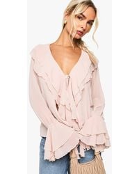 Boohoo - Chiffon Ruffle Front Blouse - Lyst
