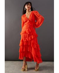 Warehouse - Dobby Chiffon Ruffle Midi Dress - Lyst