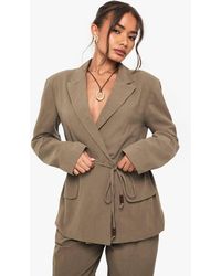 Boohoo - Linen Wrap Over Beaded Tie Detail Blazer - Lyst