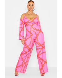 Boohoo Womens Plus Chain Print Off Shoulder Wide Leg Jumpsuit - Pink - 24
