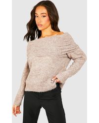 Boohoo - Premium Soft Knit Bardot Oversized Sweater - Lyst
