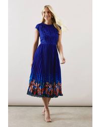 Wallis - Petite Placement Print Lace Bodice Pleated Midi Dress - Lyst