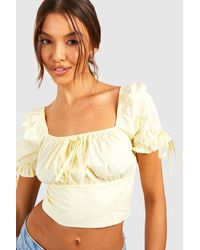 Boohoo - Woven Puff Sleeve Cotton Ruched Crop Top - Lyst