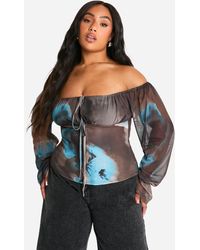 Boohoo - Plus Large Floral Mesh Sleeve Bardot Corset Top - Lyst