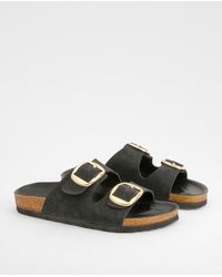 Boohoo - Wide Fit Oversized Buckle Double Strap Footbed Sliders - Lyst