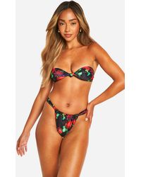 Boohoo - Floral Print Knot Front Bandeau Bikini Top & Tanga Bottoms Set - Lyst