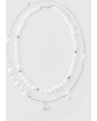 BoohooMAN - Dice And Parel Double Layer Necklace In White - Lyst