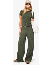 Boohoo - Crinkle Rib Button Through Cap Sleeve Top And Trouser Set - Lyst
