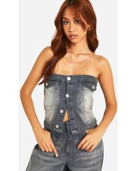 Boohoo - Washed Stretch Denim Button Detail Bandeau Top - Lyst