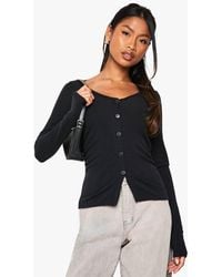 Boohoo - Rib Lace Trim Button Up Ruched Sid Long Sleeve Top - Lyst