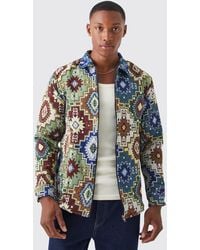 BoohooMAN - Long Sleeve Zip Through Patterned Tapestry Overshirt - Lyst