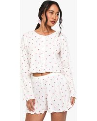 Boohoo - Floral Print Soft Rib Button Detail Long Sleeve Top & Shorts Pyjama Set - Lyst