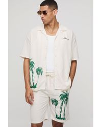 BoohooMAN - Oversized Palm Tree Print Linen Look Shirt & Short Set - Lyst