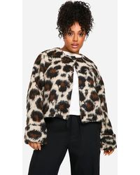 Boohoo - Plus Leopard Collarless Wool Jacket - Lyst