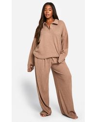 Boohoo - Plus Soft Rib Collared Top & Trouser Lounge Set - Lyst