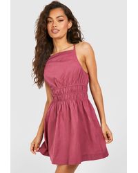 Boohoo - Strappy Linen Shirred Waist Mini Dress - Lyst