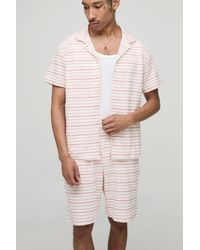 Boohoo - Regular Fit Waffle Textured Stripe Revere Collar Jersey Shirt And Shorts Set - Lyst