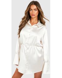 Boohoo - Satin Shoulder Pad Mini Shirt Dress - Lyst