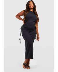 Boohoo - Plus Cotton Ruched Tie Side Tailed Midi T-shirt Dress - Lyst