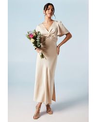 Oasis - Satin Twist Front Angel Sleeve Midi Bridesmaid Dress - Lyst