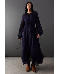 Warehouse - Tufted Dobby Chiffon Button Front Tie Neck Hanky Hem Midi Dress - Lyst