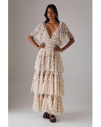 Warehouse - Tulle Spot Plunge Neck Flutter Sleeve Tier Maxi Dress - Lyst