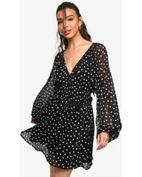 Boohoo - Paisley Polka Dot Chiffon Volume Sleeve Ruched Waist Mini Dress - Lyst