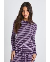 Boohoo - Stripe Rib Button Through Long Sleeve Top - Lyst