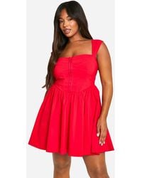 Boohoo - Plus Woven Stretch Corset Detail Short Sleeve Floaty Mini Dress - Lyst