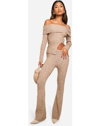 Boohoo - Rib Knit Bardot Split Hem Top & Flare Trouser Co-Ord - Lyst