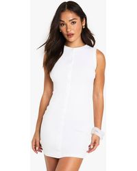 Boohoo - Petite Rib Button Down Shift Dress - Lyst