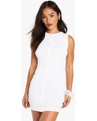 Boohoo - Petite Rib Button Down Shift Dress - Lyst