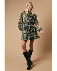 Oasis - Floral Organza Shirred Waist Tie Back Mini Dress - Lyst