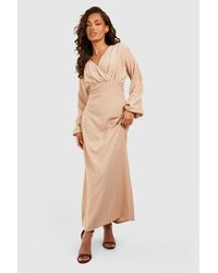 Boohoo - Textured Drape Blouson Sleeve Wrap Dress - Lyst