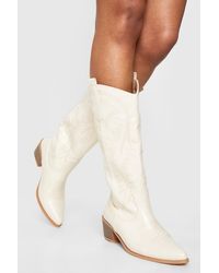 Boohoo - Calf Detail Embroidered Western Cowboy Boots - Lyst