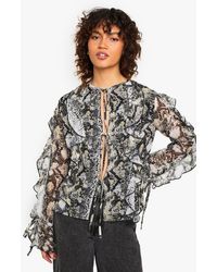 Boohoo - Snake Print Chiffon Tie Front Blouse - Lyst