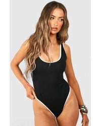 Boohoo - Contrast Binding Ribbed Scoop Bathing Suit - Lyst