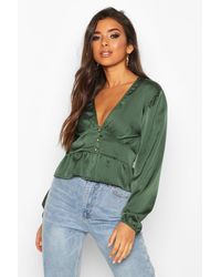 Boohoo Chemisier À Ourlet À Basques Tissé Boutonné - Vert