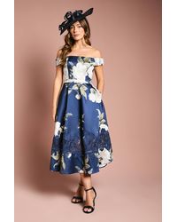 Coast - Printed Bardot Twill Midi Dress With Lace Insert - Lyst