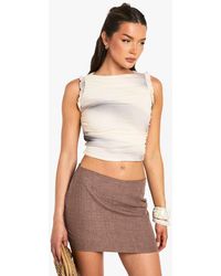 Boohoo - Mesh Marble Print Ruched Frill Shoulder Crop Top - Lyst