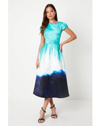 Coast - Placement Print Puff Sleeve Satin Midi Wedding Guest Dress - Lyst