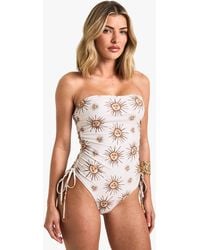 Boohoo - Celestial Print Ruched Bandeau Bathing Suit - Lyst