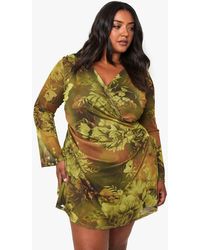 Boohoo - Plus Floral Mesh Wrap Mini Dress - Lyst