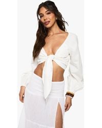 Boohoo - Cotton Tie Front Longline Crop Top - Lyst