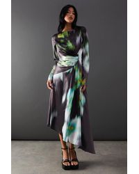 Warehouse - Printed Satin Knot Front Asymmetric Hem Midi Dress - Lyst
